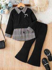 2 件套休闲学院风黑色长袖格子领上衣和褶皱及踝长裤套装，适合春秋季 - 黑色 - 查看 1