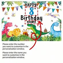 Personalizowany baner urodzinowy z motywem dżungli dinozaurów, możliwość personalizacji wieku i imienia, odpowiedni na urodziny i rocznice, idealny do fotobudki i dekoracji imprezowych