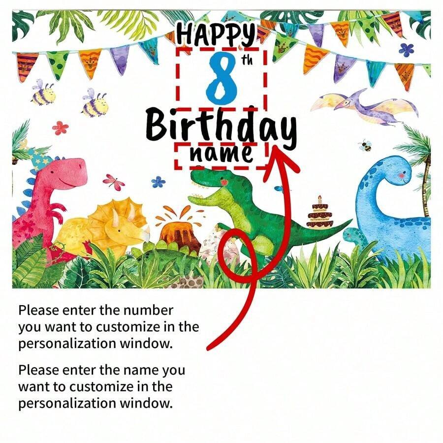 Personalizowany baner urodzinowy z motywem dżungli dinozaurów, możliwość personalizacji wieku i imienia, odpowiedni na urodziny i rocznice, idealny do fotobudki i dekoracji imprezowych
