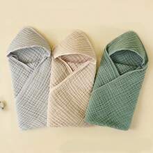 连帽襁褓毯，新生儿医院包巾，纯色平纹细布浴巾，简约纯色 - 彩色 - 查看 4