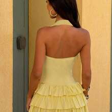 Women's New Summer Halterneck Cake Cropped Dress - 黃色 - 查看 3