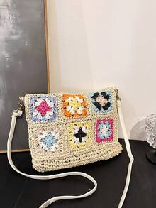 度假沙滩包，大容量通勤单肩包，小众设计休闲百搭简约时尚斜挎包，2025年新款流行女士手提包，编织纹理撞色设计，舒适面料，拉链开合，可调节可拆卸肩带，宽敞，时尚春夏手提包