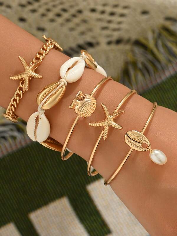 5pcs/Set Bohemian Beach Style Shell, Starfish, Faux Pearl Women Bracelet Jewelry Set, Versatile Shell & Starfish Design Combination Wrist Accessories, Perfect For Beach Party