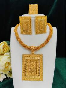 1 Halskette, 1 Ring, 1 Paar Ohrringe Mode Damen Vergoldetes Seil Kreis Anhänger Schmuckset, 3-teilig, geeignet für saudische, nahöstliche, Dubaiische, europäische und amerikanische Bräute, Hochzeiten, Partys, Dates, Kleider, Weihnachten, Neujahr, Valentinstag, Halloween Feiertage, täglichen Gebrauch, Geschenk für Mutter, Freundin, Schwester