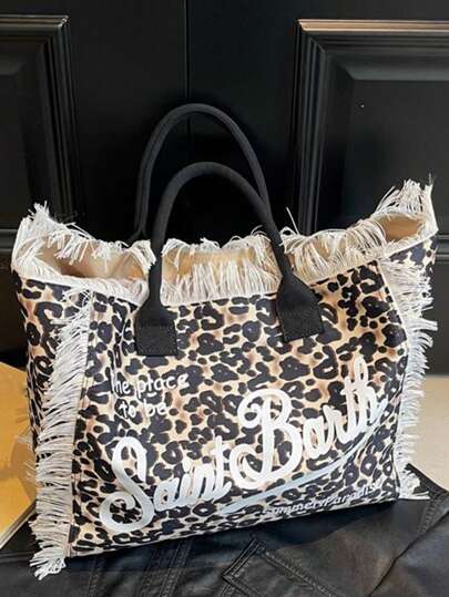 New European And American Style Women's Large Capacity Fashionable Leopard Print Everyday Matching Letter Pattern Tasseled Fringe Edge Beach Tote Bag, Fall Winter Fashionable Cheetah Print Purse For Women, New Fall Winter Tiger Print Bag For Women