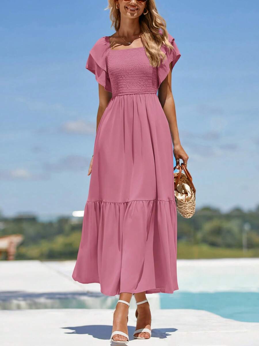 Women's Summer Casual Dresses Square Neck Ruffle Short Sleeve High Waist A-Line Wedding Dresses - Màu hồng đậm - Xem 1