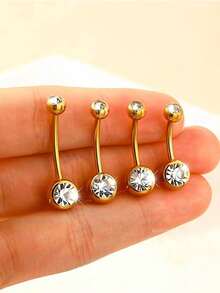 Stainless Steel Double-Headed Rhinestone Belly Button Ring, Stainless Steel Shiny Rhinestone Belly Button Ring, Simple And Shiny Gold, Suitable For Women's Daily Wear - Yellow Gold - View 1
