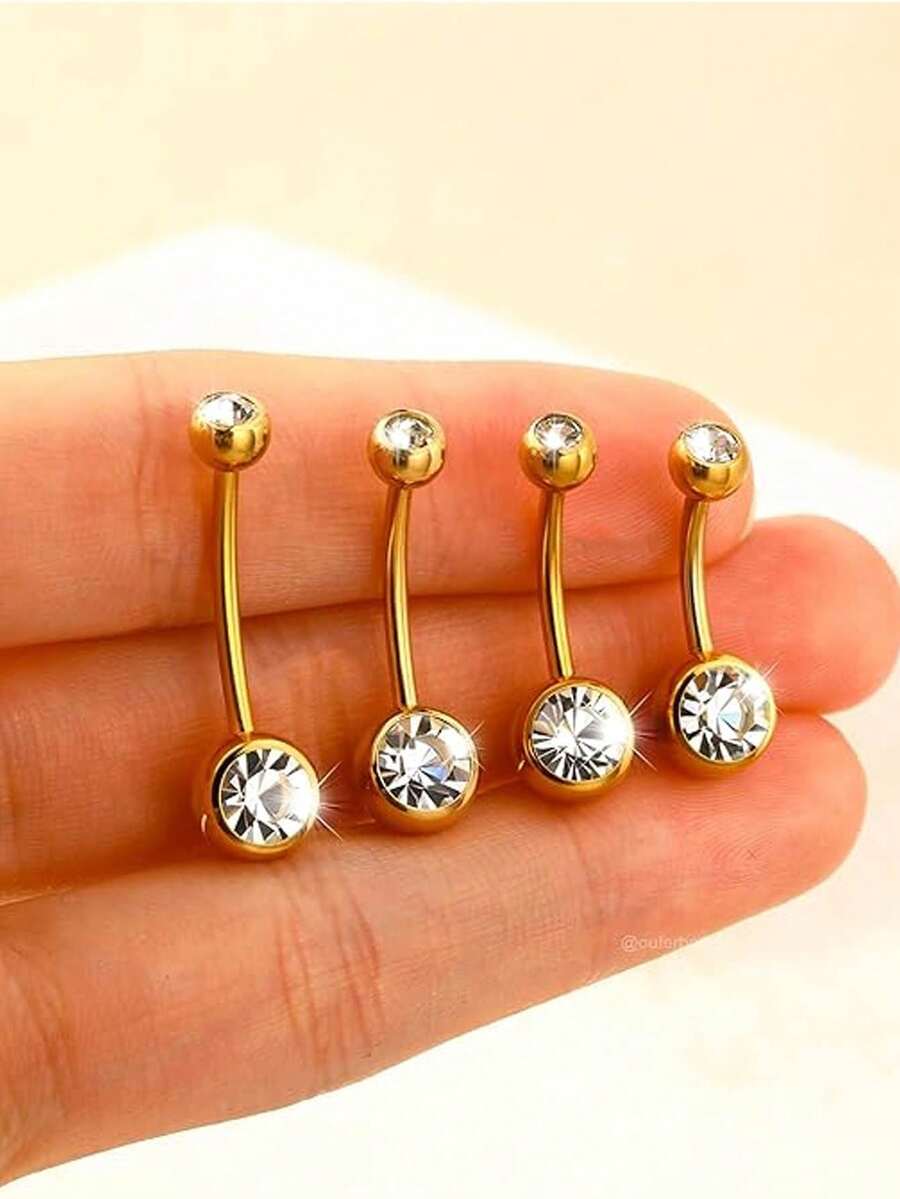 Stainless Steel Double-Headed Rhinestone Belly Button Ring, Stainless Steel Shiny Rhinestone Belly Button Ring, Simple And Shiny Gold, Suitable For Women's Daily Wear - Yellow Gold - View 1
