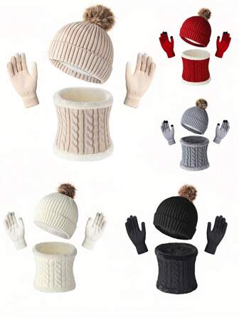 3pcs/Set Winter Warm Knitted Wool Liner Gloves, Hat And Scarf Set, Perfect For Cold Weather Winter Accessories Winter Outfits