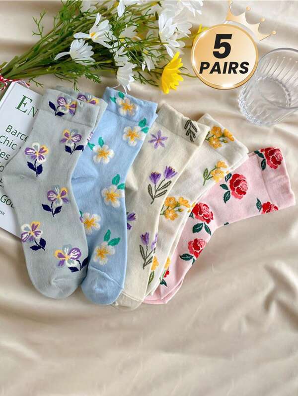 5 Pairs Of Women's Flower Socks, Comfortable And Breathable, Sweet Flower Women's Socks, Suitable For Women's Daily Matching