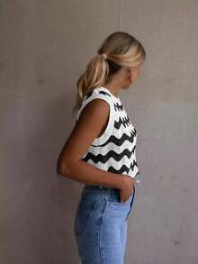 1pc Contrast Striped Knit Mesh Sweater Top, Summer - White - View 5