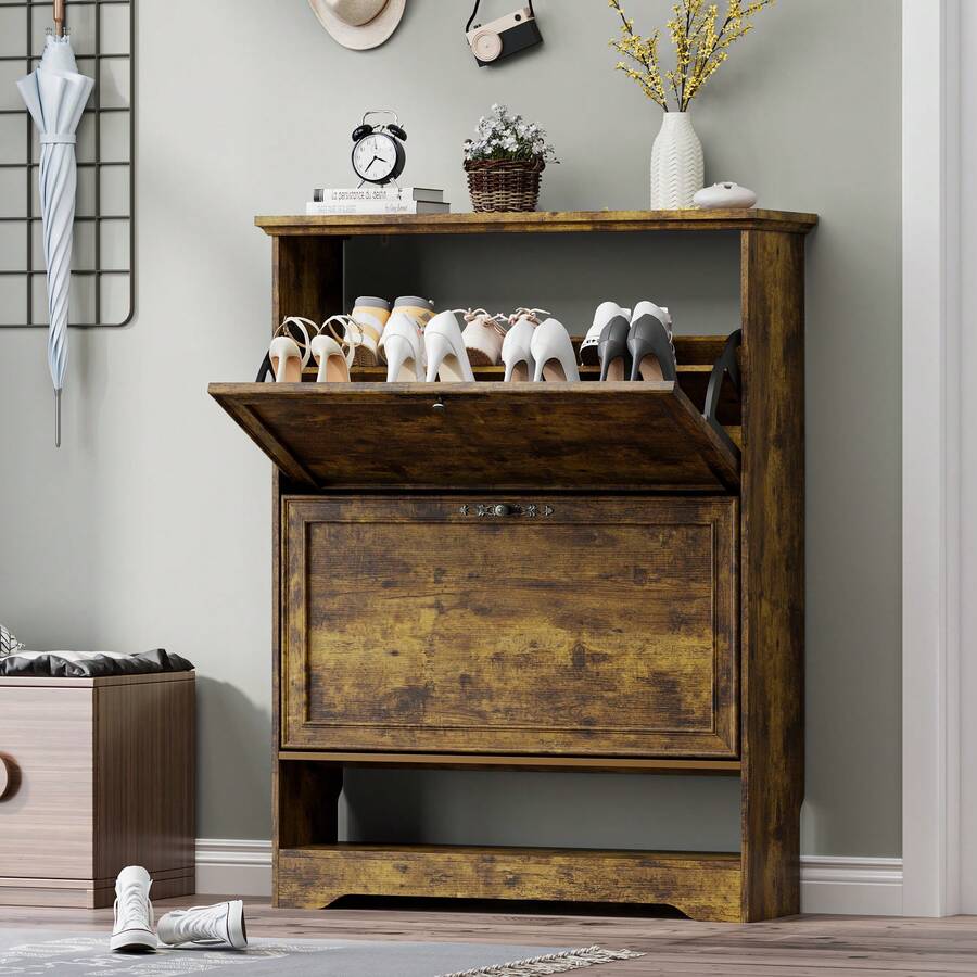 Shoe Cabinet For Entryway, Slim Shoe Storage Cabinet With Adjustable Shelves, Wooden Rack And Organizer For Small Spaces, Closet, Hallway - 鏽棕色 - 查看 1