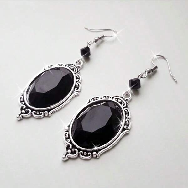 1 Paar Vintage Ohrringe im Gothic Stil mit schwarz geprägtem Kristallcabochon, Halloween Hexen Tropfen Totenkopf Ohrringe, Modeschmuck im viktorianischen Stil als Geschenk für Frauen, vielseitig für Alltag und Partys, ganzjähriges Accessoire