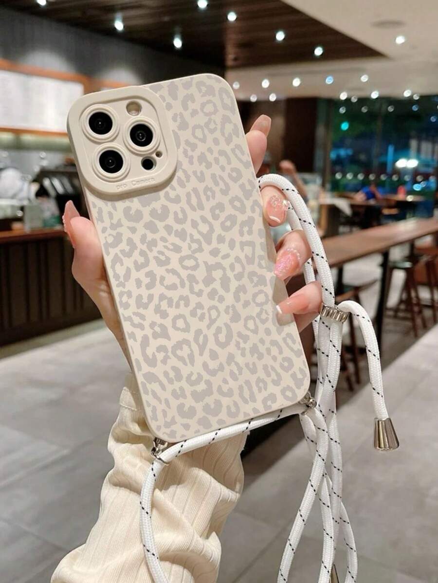 Perforated Straight Edge Yellow Leopard Print Painted Elongated Lanyard Shockproof Phone Case Waterproof Anti-Fall Scratch Resistant