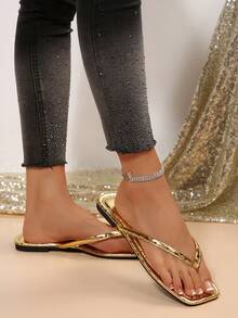 法式人字拖女鞋，甜美仙气，百搭，适合海滩、度假、约会、聚会、派对、休闲穿着，防滑软底夏季拖鞋 - 金色 - 查看 2