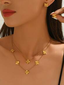 1 Set de Joyería de Acero Inoxidable con Diseño de Textura Floral en Estilo Minimalista, Adecuado para Uso Diario de Mujeres - Amarillo Oro - Ver 3
