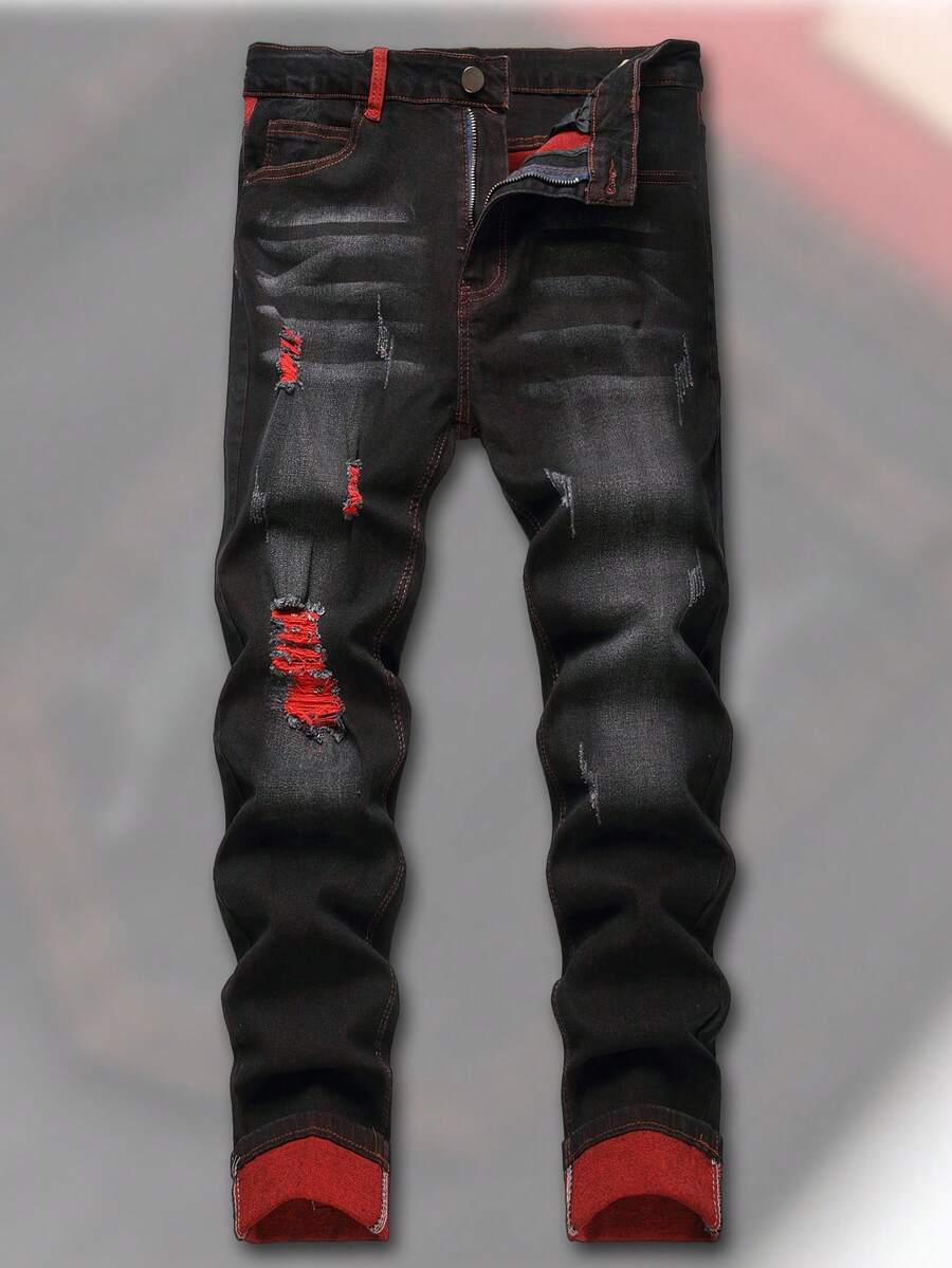 Men's Fashionable And Casual Street Elastic Black Old Jeans, Urban Edge Red Stitched Ripped Denim, Plain Full Fit Pockets, Thanksgiving Valentine's Day Pride Month Teacher's Day Easter New Year Christmas Halloween Suitable For All Seasons - 紅色 - 查看 1