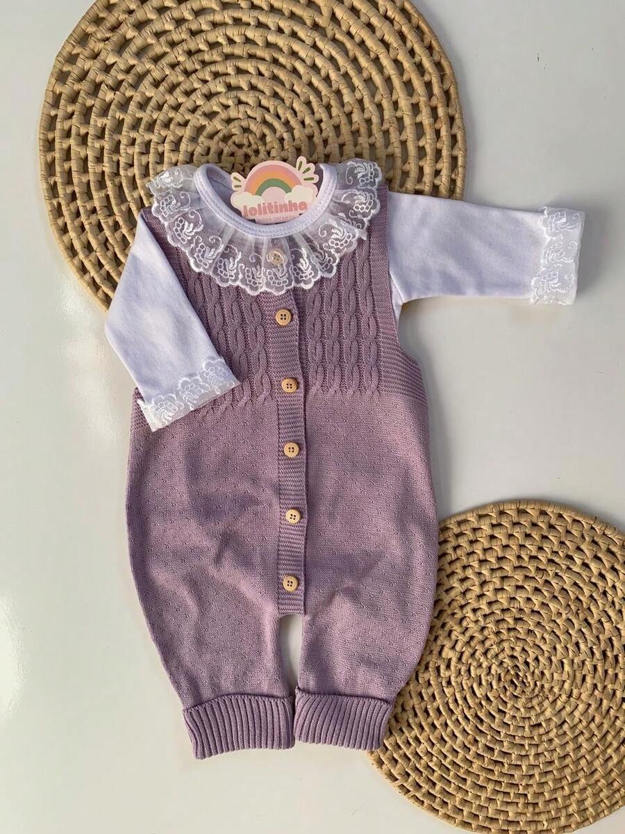 Ema Button Knit Set Girl Bodysuit Overalls Baby Romper - 紫丁香色 - 查看 1