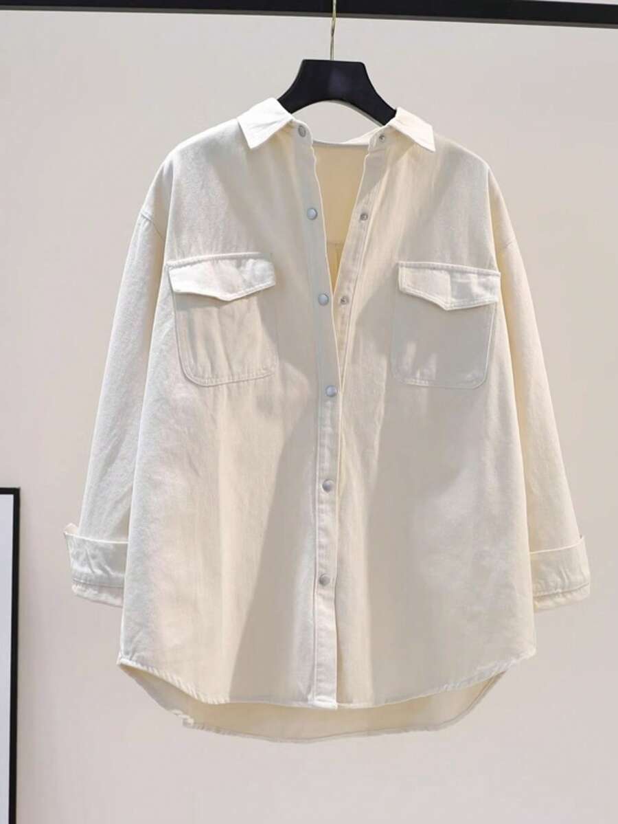 Women's Casual Versatile Solid Color Front Button Thickened Shirt - Apricot - View 1
