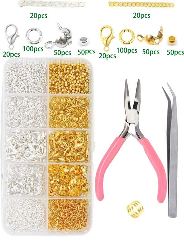 1 Box Containing: Gold & Silver Tone Jumpring, Lobster Clasp, Extension Chain, Filler Beads, 1pc Pliers, 1pc Tweezers, 1pc DIY Jewelry Making Supplies