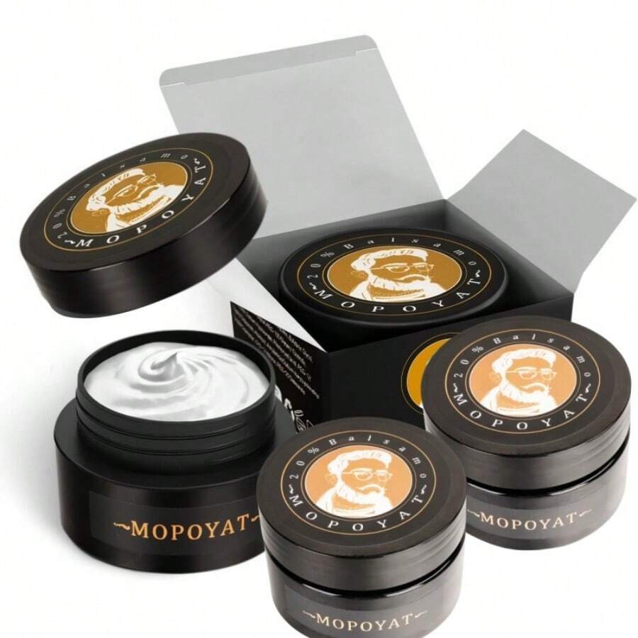 MOPOYAT 3 piezas bálsamo para Barba - ¡Realza el encanto de tu barba! Nutre y fortalece tu barba - Limpieza profunda - Bálsamo para el crecimiento de la barba al 20 % - Sin alcohol - Blanco - Ver 1