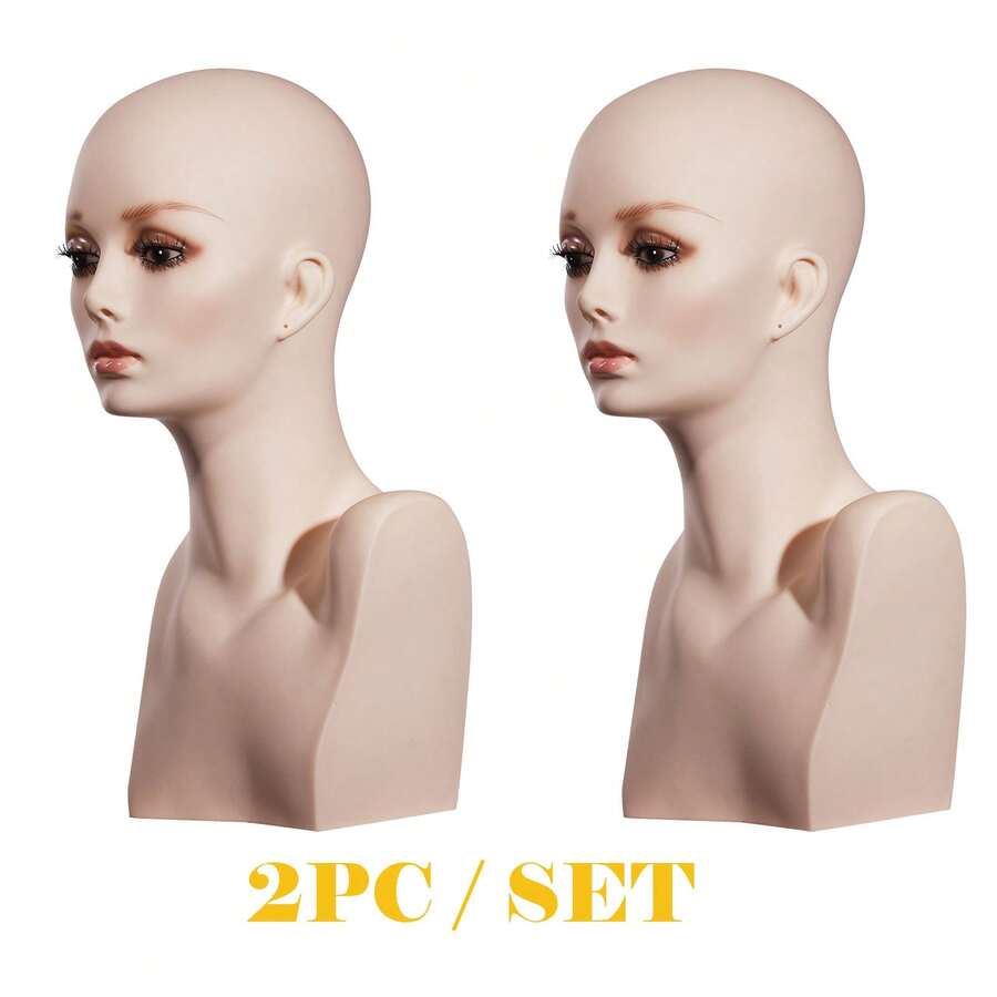 2PCS Wholesale Realistic Female Mannequin Head Long Neck Manikin PVC Head Bust Wig Model Head Stand With Makeup Wigs,Hats,Sunglasses,Necklace,Jewelry - màu nâu - Xem 1