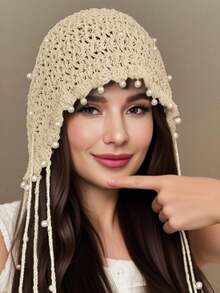 1 件镂空珍珠装饰帽，优雅百搭镂空花朵女帽，轻盈春夏时尚针织钩针头饰秋季配饰