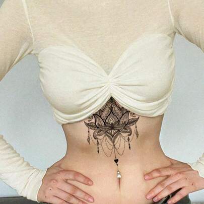 2 件时尚黑色蕾丝花卉图案临时纹身，防水防汗，持续 1-3 天，适合女性手臂、锁骨和大腿