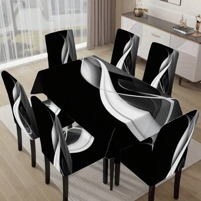 1pc/5pcs/7pcs/30pcs Black & White Texture Pattern Table Cloth And Chair Cover Sets (5pcs Include 4 Chair Covers And 1 Table Cloth; 7pcs Include 6 Chair Covers And 1 Table Cloth), Suitable For Home Gatherings, Rectangular Tablecloth For Square Tables, Elastic Chair Covers For Indoor Dining Rooms