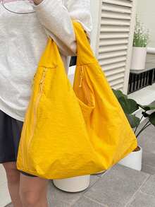 Spring & Summer New Yellow Nylon Fabric Handbag, Large Capacity Solid Color Shoulder Bag, Casual Japanese Style Tote Bag, Versatile College Student School Bag, Simple Fashion Handbag, Short Trip Travel Bag With Multi Zipper & Crescent Pocket Design - 黃色 - 查看 3
