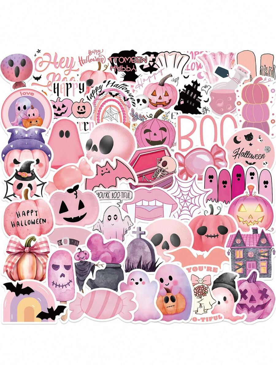 100pcs - Pink Halloween Graffiti Stickers Decoration, Guitar Notebook Luggage DIY Waterproof Stickers, Holiday Gifts, Party Gifts, Halloween Gifts, Home Decoration, Car Decoration, Bedroom Decoration