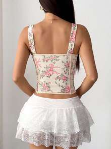 Women's Corset Crop Tops Slim Flower Print Fishbone Cross Tie Shoulder Open Back Shirts Summer Streetwear - 黃色 - 查看 4