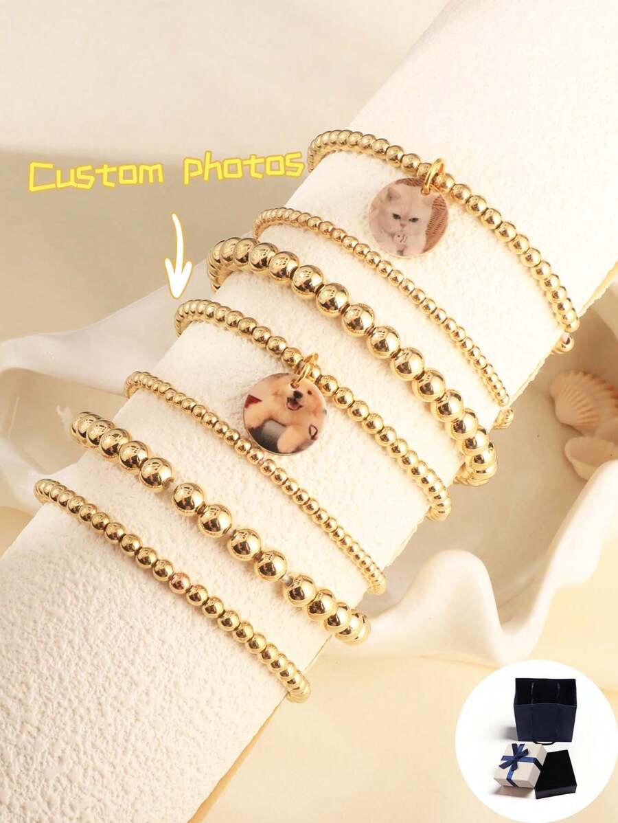 Custom Bracelet, Creative Personalized Gold Ball Bead 7-Piece Bracelet Set, CCB Beaded Gold Discs With Colorful Printed Pendants, Customized With Family, Friends, Idol Images, Reversible Transparent Bracelet, Suitable For Birthday, Family Gathering, Valentine's Day, Parent-Child, Couples, Anniversary Celebration, Gift For Mom, Dad, Friends, Boyfriend, Girlfriend, Daily Wear