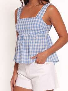 Women's Summer Babydoll Tank Tops Stylish Plaid Bow Tie Back Loose Hem Sleeveless Camisole