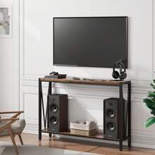 Console Table, Narrow Sofa Table, 110x25x76 Cm Side Table With Storage Space, Wooden Shelf And Metal Frame, 2-Level Hall Table For Hallway, Living Room, Bedroom - 棕色 - 查看 3