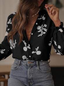 Hot Selling Retro Style Embroidered Ruffle Hem Floral Printed Tree Leaves Button Decor Blouse, Casual Wear - Black - View 3