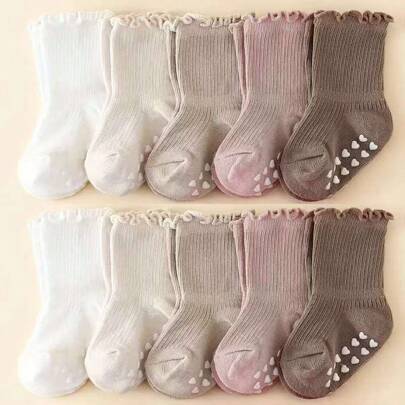 5 Pairs Anti-Slip Baby Girl Socks With Lace Trim, Soft Waistband, Multiple Colors, For Infants & Toddlers 0-5 Years