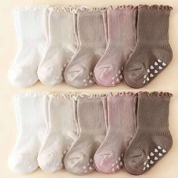 5 Pairs Anti-Slip Baby Girl Socks With Lace Trim, Soft Waistband, Multiple Colors, For Infants & Toddlers 0-5 Years