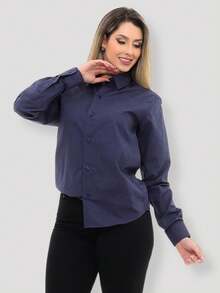 Women's Formal Shirt Premium Linen Structured Long Sleeve Shirt - Navy Blue - View 6