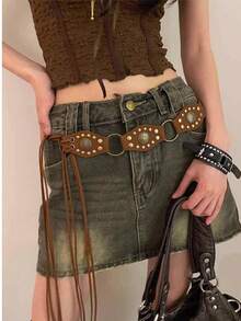 1pc Women's Sparkling Patchwork Bohemian Party Waist Chain, Gold Stud Decor Faux Leather, Suitable For Summer Daily Wear - Multicolor - View 1