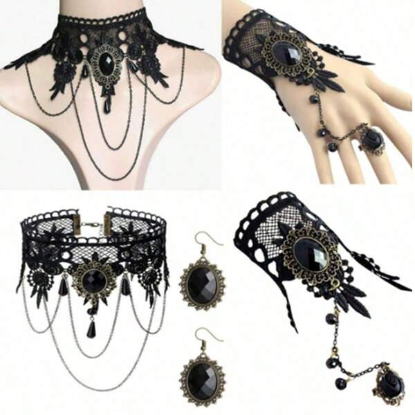 3pcs/Set Gothic Punk Style Black Lace Necklaces, Fashion Jewelry Accessories For Men&Women, Suitable For Vampire, Party, Stage Performance Halloween