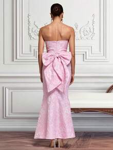Jacquard Strapless Long Mermaid Dress With Oversized Bow, For Party & Evening Gown - Pink - View 6