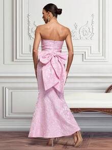 Jacquard Strapless Long Mermaid Dress With Oversized Bow, For Party & Evening Gown - Pink - View 3