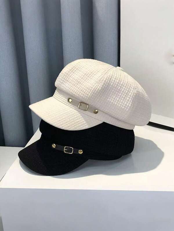 1 szt. damski beret w jednolitym kolorze, elegancki brytyjski styl, modna, uniwersalna, swobodna czapka malarza, vintage'owy kapelusz gazeciarza ze skórzaną klamrą, odpowiedni do noszenia na ulicy, spotkań towarzyskich, wydarzeń artystycznych i kulturalnych, dojazdów do pracy