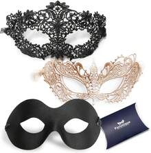 New 2026 Very Popular Masquerade Couples Women And Men - 3 Pack Venetian Gold And Black Lace, Mardi Gras - 金屬 - 2件套 女士 - 查看 1