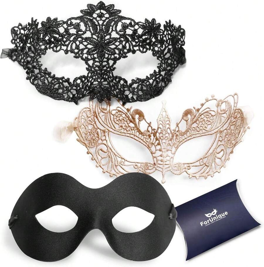 New 2026 Very Popular Masquerade Couples Women And Men - 3 Pack Venetian Gold And Black Lace, Mardi Gras - 金屬 - 2件套 女士 - 查看 1