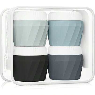 Travel Containers For Toiletries, Premium Cosmetic Silicone Cream Jars, TSA Approved Leak-Proof Refillable Travel Size Toiletries With Clear Bag For Cosmetic Face Body Cream (Gray)