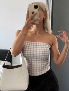 Livesso Top sin tirantes a cuadros para mujer, top corto tipo tubo para mujer - Blanco - Ver 6