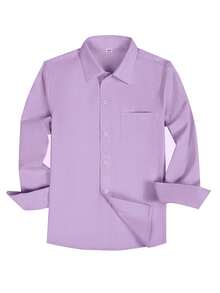 Áo sơ mi dài tay cho bé trai 6-14 tuổi, cổ áo cài cúc cổ điển, chất liệu cotton, có túi, màu tím. - Màu tím - Xem 3