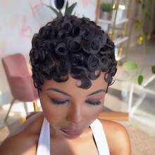 Short Pixie Cut Wigs Human Hair For Women- 6 Inch Short Curly Wave Wigs -150% Density Glueless Wigs With Bangs For Daily Use Halloween Costumes - Natural & Black - View 10